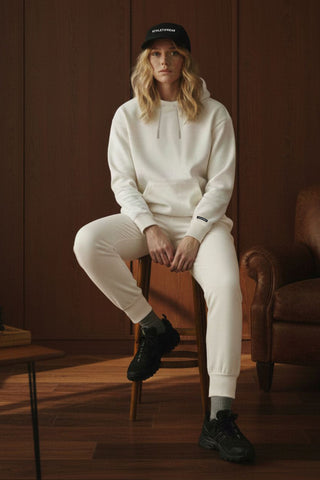 Person wearing a white tracksuit and black cap sitting on a wooden chair.