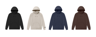 Four hoodies in black, beige, blue, and brown on a white background