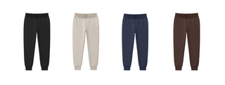 Four pairs of jogger pants in black, beige, navy, and brown on a white background.