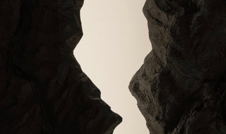 Close-up of two dark stone faces against a light background