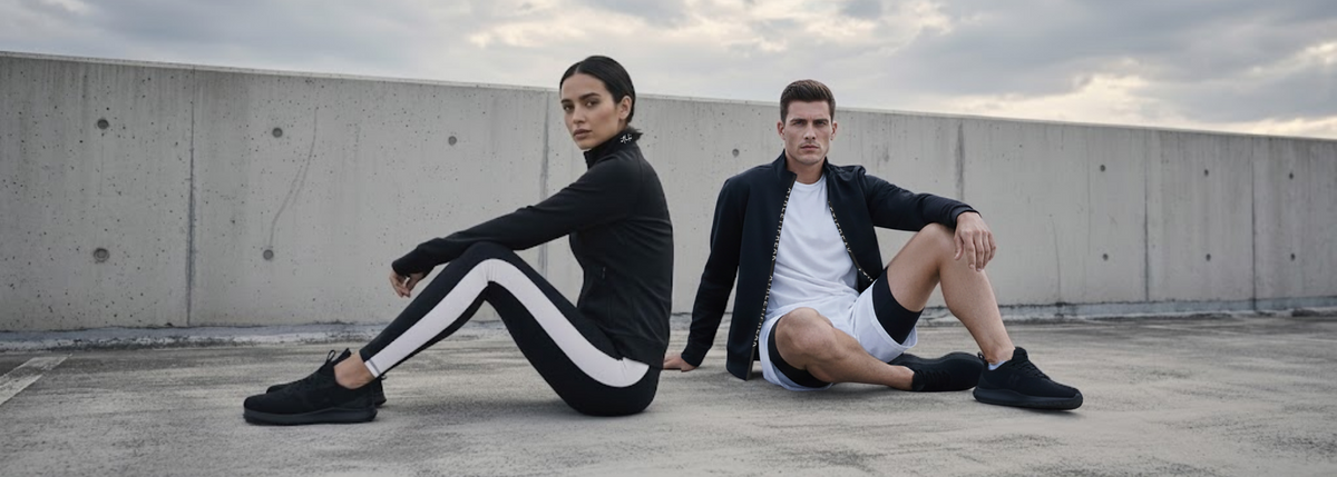 Two models sitting on a concrete rooftop wearing matching black athletic tracksuits with white side stripes, one in a long-sleeve top and one in a jacket over a white shirt, against a concrete wall under a cloudy sky.