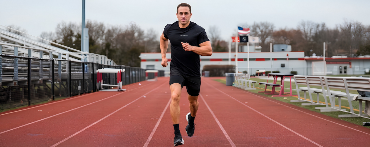 A man in a black athletic t-shirt and black shorts running on a red track field at an outdoor stadium.