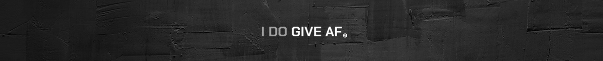 A minimalist graphic design featuring a textured black banner at the top with the white text 'I DO GIVE AF.' and a large solid white space below.