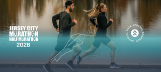 Two runners with 'Jersey City Marathon Half Marathon 2026' text and event logo.